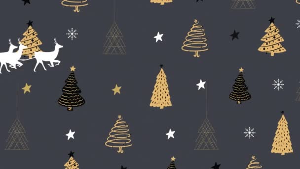 Kerstman Slee Wordt Getrokken Door Rendieren Tegen Kerstboom Pictogrammen Grijze — Stockvideo