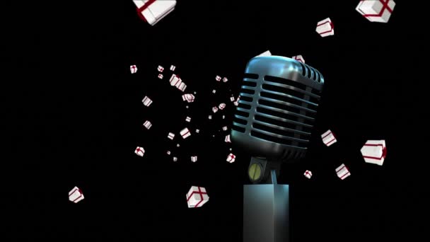 Анимация Винтажного Микрофона Рождеством Представляет Падение Черный Фон Рождество Зима — стоковое видео