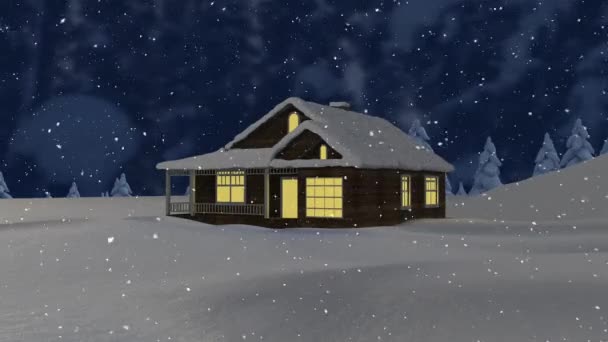 Gece Gökyüzüne Karşı Kış Manzarasında Bir Evin Üzerine Kar Yağıyor — Stok video