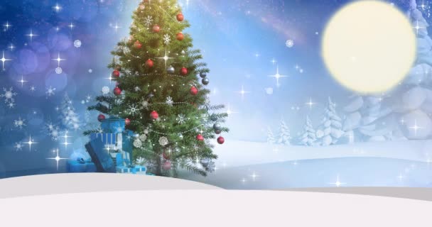 Animation Merry Christmas Happy New Year Text Winter Landscape Christmas — Stock Video