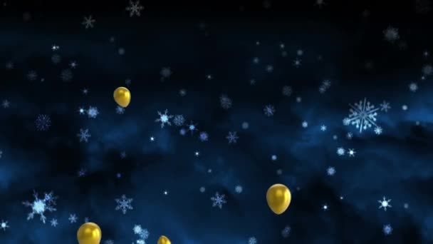 Animación Globos Dorados Volando Sobre Nieve Sobre Fondo Oscuro Nochevieja — Vídeos de Stock