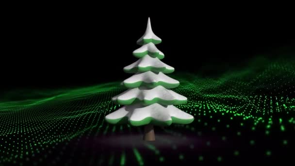 Анимация Рождественской Елки Над Движущейся Светящейся Волной Фиолетовых Точек Темном — стоковое видео
