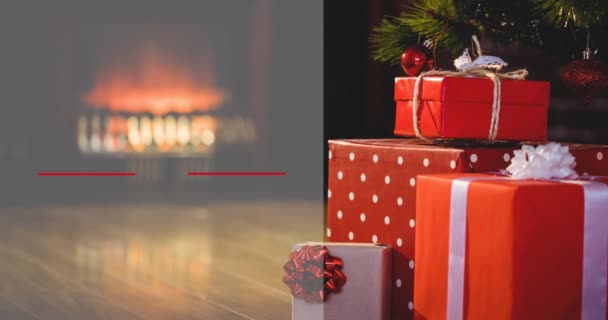 クリスマスの幸せな休日とクリスマスツリーとプレゼントと幸せな新年のテキストのアニメーション クリスマス 伝統とお祝いのコンセプトデジタルで生成されたビデオ — ストック動画