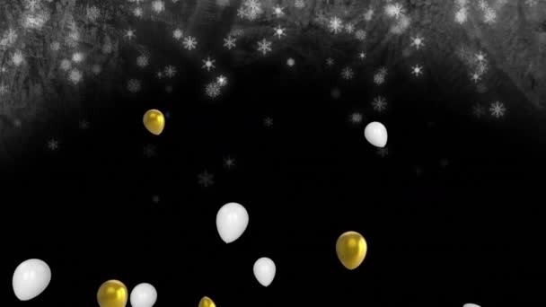 Animáció arany és fehér léggömbök repül a hó felett. szilveszteri party, karácsony és ünneplés koncepció digitálisan generált videó.