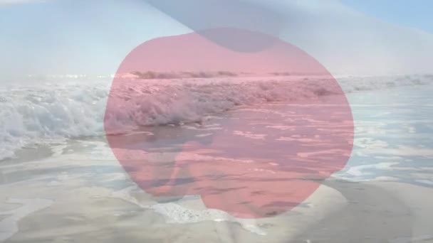 Composición Digital Bandera Japonesa Ondeando Contra Vista Aérea Las Olas — Vídeo de stock