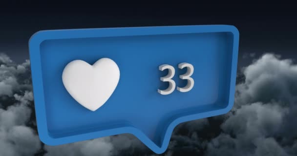 Animação Ícone Coração Com Números Bolha Fala Sobre Céu Nuvens — Vídeo de Stock