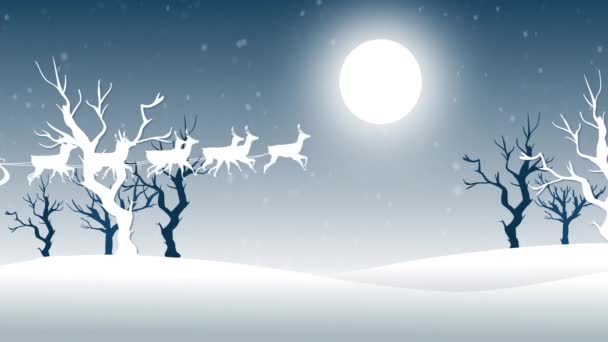 Animáció a Mikulás szán rénszarvasokkal hóesés és a téli táj. karácsony, hagyomány és ünnepség koncepció digitálisan generált videó.