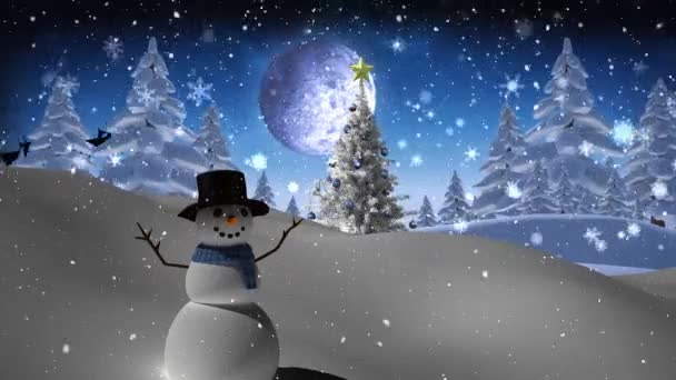 Χιόνι Πέφτει Πάνω Από Χιονάνθρωπο Και Χριστουγεννιάτικο Δέντρο Στο Χειμερινό — Αρχείο Βίντεο