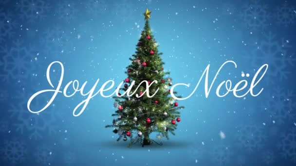 Animáció Joyeux Noel Karácsonyi Üdvözlet Karácsonyfa Felett Kék Háttér Karácsony — Stock videók