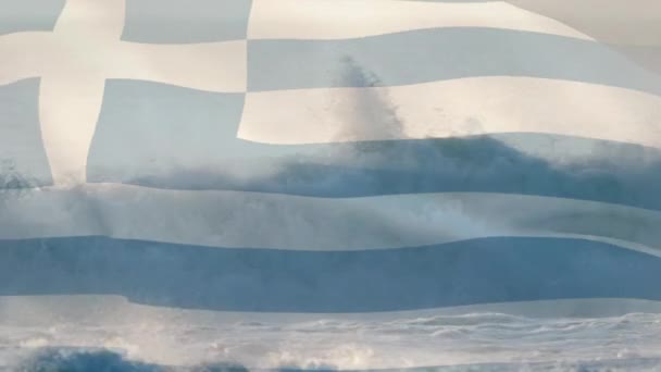 Digitale Komposition Von Schwenkender Griechischer Flagge Gegen Wellen Meer Nationales — Stockvideo
