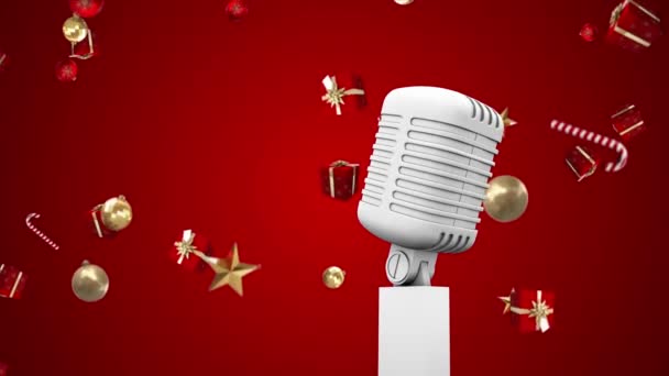 Animace Vintage Mikrofonu Vánočními Dárky Padající Červené Pozadí Vánoční Zimní — Stock video