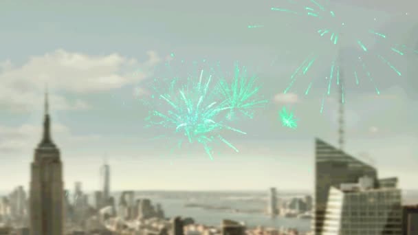 Zöld Boldog Évet Szöveg Tűzijáték Robbanó Ellen Légi Kilátás Városkép — Stock videók