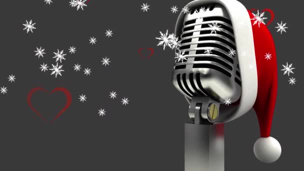 Анимация Ретро Микрофона Шапкой Санта Над Снегом Падающим Сером Фоне — стоковое видео