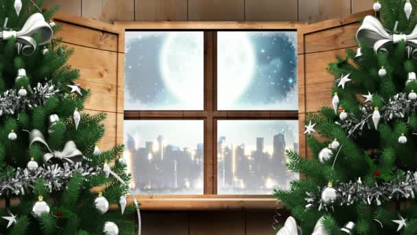 Animation Der Winterlandschaft Mit Weihnachtsmann Schlitten Mit Rentieren Weihnachten Winter — Stockvideo