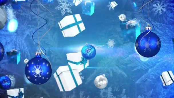 Animación Bolas Árbol Navidad Sobre Símbolos Navidad Sobre Fondo Azul — Vídeos de Stock