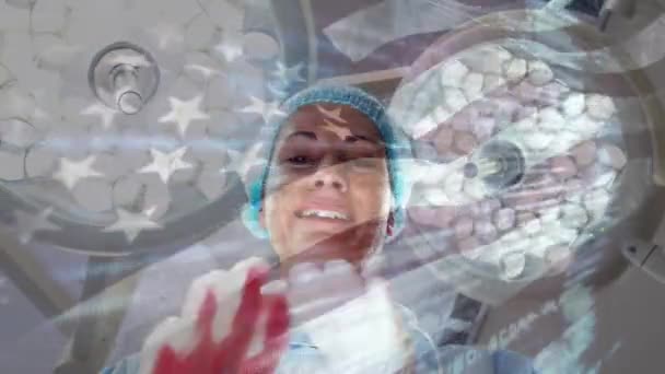 Animação Bandeira Dos Eua Acenando Sobre Cirurgião Conceito Global Pandemias — Vídeo de Stock