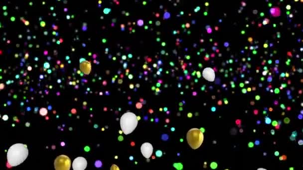 Animación Globos Dorados Blancos Volando Sobre Luces Colores Brillantes Nochevieja — Vídeos de Stock