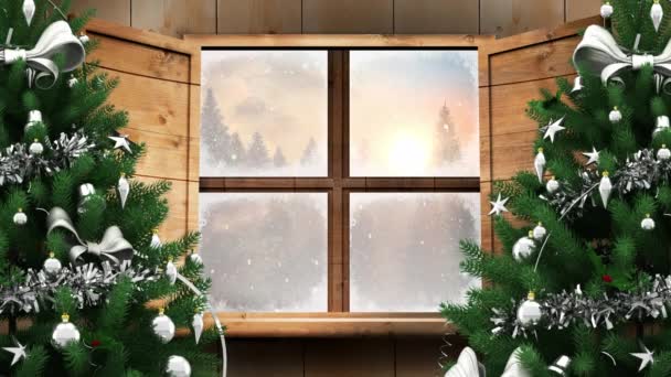 Animace Vánočního Stromku Okna Nad Zimní Krajinou Vánoční Zimní Tradiční — Stock video