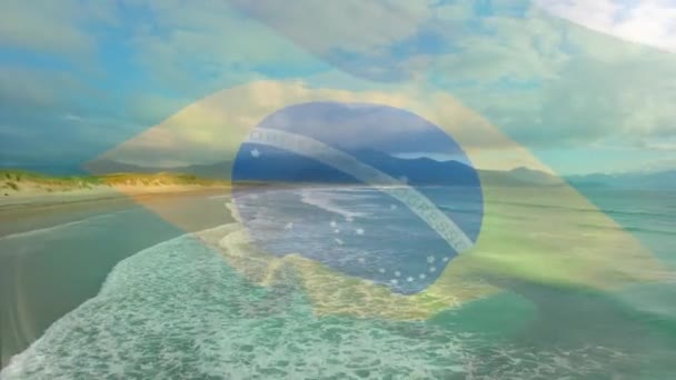 Digitální Složení Brazilské Vlajky Vlnící Proti Leteckému Pohledu Vlny Moři — Stock video