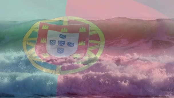 Digitale Samenstelling Van Zwaaiende Portugal Vlag Tegen Golven Zee Nationaal — Stockvideo