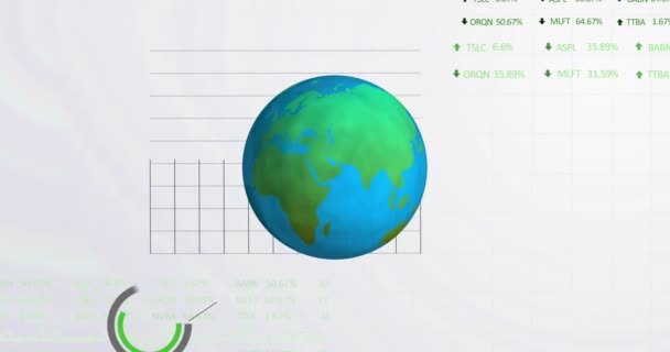 Spinning Globe Icon Financial Stock Market Data Processing White Background — Stock Video