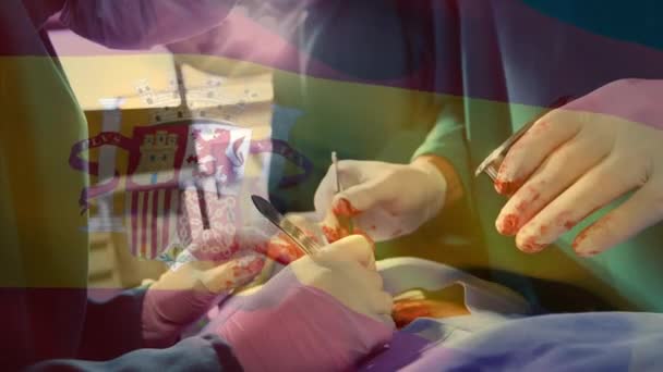 수술하는 수술실의 의사들에게스 깃발을 흔들어 애니메이션 세계적 서비스 세계적 유행병 — 비디오