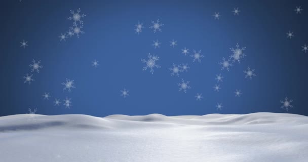 雪と青の背景に降る雪のフレークのアニメーション クリスマス 伝統とお祝いのコンセプトデジタルで生成されたビデオ — ストック動画