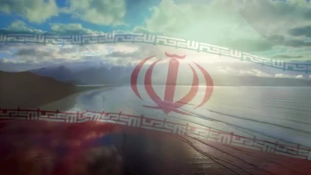 Digital Sammansättning Vifta Iran Flagga Mot Antenn Utsikt Över Stranden — Stockvideo