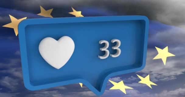 用欧洲联盟旗帜在语音泡沫上的数字动画心脏图标 全球社交媒体和通信概念数码视频 — 图库视频影像