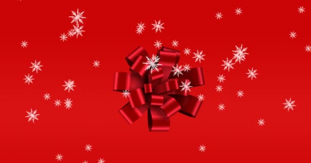 Animation Snow Falling Ribbon Red Background Christmas Tradition Celebration Concept — Stock Video