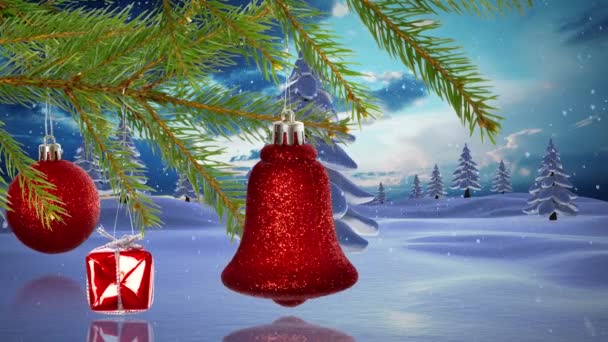 Christmas Decorations Hanging Christmas Tree Branch Multiple Trees Winter Landscape — Stock Video