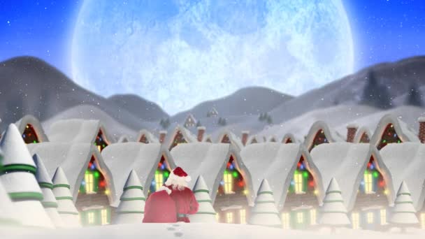 冬の風景の中 サンタや複数の家や木の後ろの景色に雪が降っています クリスマス フェスティバルとお祝いのコンセプト — ストック動画