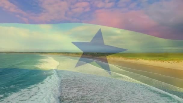 Digital Composition Waving Ghana Flag Aerial View Beach Sea Waves — Stock Video