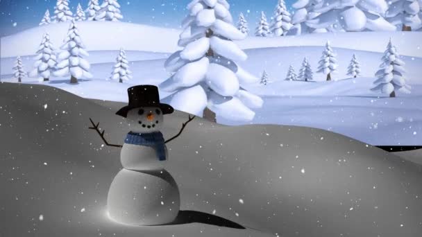 Анимация Снега Падающего Улыбающегося Снеговика Зимних Пейзажах Рождество Зима Традиции — стоковое видео