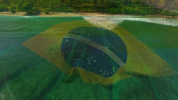 Digitální Složení Vlající Brazilské Vlajky Proti Leteckému Výhledu Moře Národní — Stock video