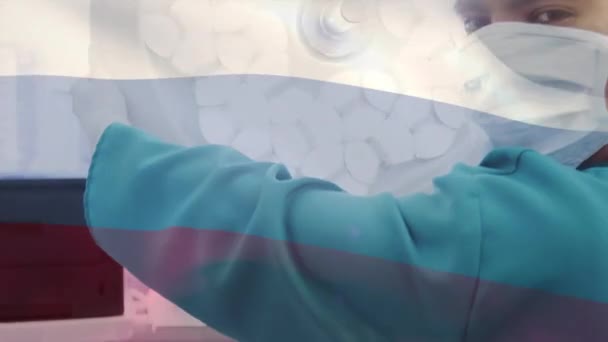 Animación Bandera Rusia Ondeando Sobre Cirujano Quirófano Medicina Global Servicios — Vídeo de stock