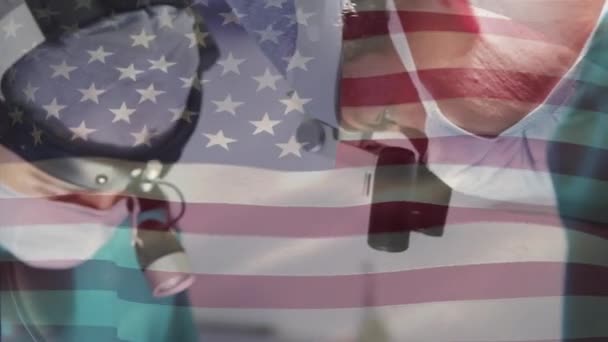 Animáció Usa Zászlójáról Amint Sebészek Felett Lóbál Műtőben Globális Orvostudomány — Stock videók