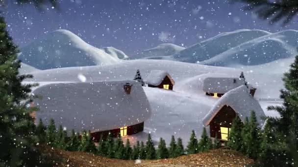 Animacja Płatków Śniegu Spadających Domy Zimowym Krajobrazie Boże Narodzenie Zima — Wideo stockowe