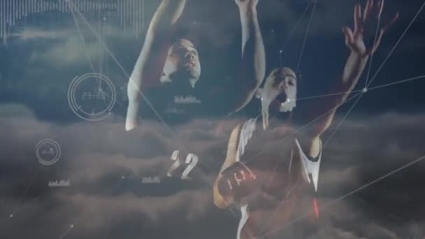 Animering Databehandling Och Nätverk Anslutningar Över Olika Basketspelare Gym Global — Stockvideo