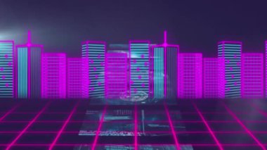 Koyu arkaplanda hareket eden ekranlar üzerinde şehir manzarası animasyonu. dijital arayüz teknolojisi ve arkaplan ekran konsepti dijital olarak oluşturuldu.