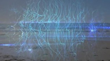 Kumsalda koşan beyaz bir kadının üzerindeki mavi çizgilerin animasyonu. global spor, incelik ve sağlıklı yaşam tarzı konsepti dijital olarak oluşturulmuş video.