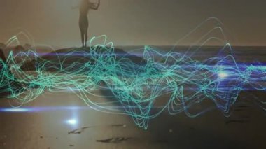 Sahilde yoga yapan beyaz bir kadın üzerinde mavi çizgilerin animasyonu. global spor, incelik ve sağlıklı yaşam tarzı konsepti dijital olarak oluşturulmuş video.