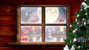 Kış manzarasında Noel ağacı animasyonu. El sallayan bir kız ve ren geyiğiyle Noel Baba. Noel, kış, gelenek ve kutlama konsepti dijital olarak oluşturulmuş video.