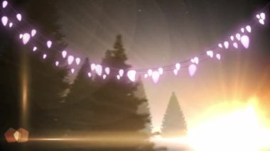 Kış manzarasında yılbaşı ışıklarının canlandırılması. Noel, gelenek ve kutlama konsepti dijital olarak oluşturuldu.