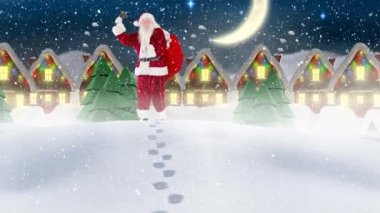 Noel Baba 'nın üzerine yağan kar, kış manzarasında duran bir Noel çanı tutuyor. Noel şenliği ve kutlama konsepti