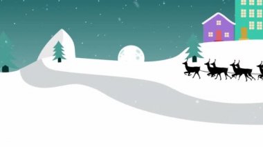 Noel Baba 'nın kızaktaki animasyonu. Ren geyikleriyle birlikte evler ve kış manzarası. Noel, gelenek ve kutlama konsepti dijital olarak oluşturuldu.