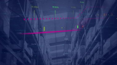 Depo üzerinden veri işleme ile küresel ve dijital arayüzün animasyonu. küresel gönderim, dağıtım, iş, veri işleme ve teknoloji konsepti dijital olarak oluşturulmuş video.