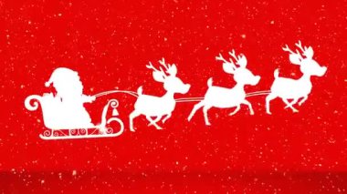 Kızakla Noel Baba 'nın üzerine yağan kar, ren geyikleri tarafından kırmızı arka plana çekiliyor. Noel şenliği ve kutlama konsepti