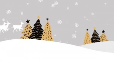 Noel Baba 'nın Noel Baba' yla kızakta köknar ağaçları ve düşen kar üzerindeki ren geyikleriyle canlandırması. Noel, gelenek ve kutlama konsepti dijital olarak oluşturuldu.