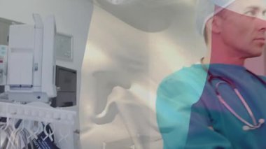 Ameliyathanede cerrahın üzerinde sallanan Fransa bayrağının animasyonu. küresel tıp, covid 19 pandemik konsept sırasında sağlık hizmetleri dijital olarak üretilen video.